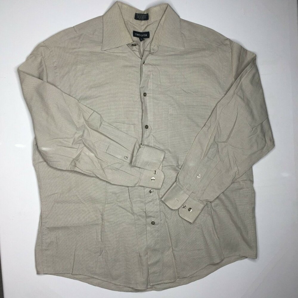 Claiborne Men's Button Up Long Sleeve Collared Shirt Beige Solid Size 34-35